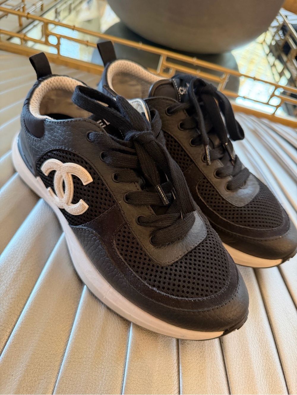 CHANEL m Black Mesh & Leather Logo Trainer with White Accents